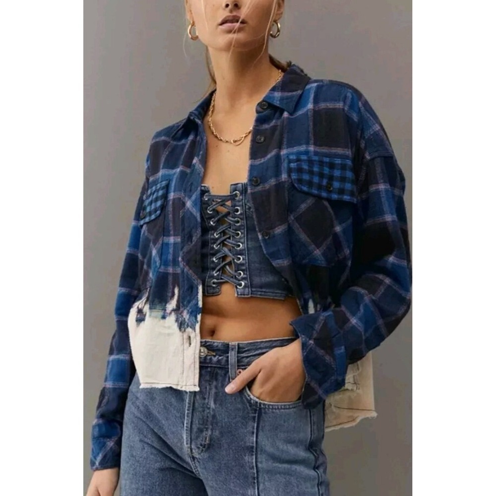 BDG Urban Outfitters Rayne Flannel Boxy Cropped Button-down Shirt Blue Large
